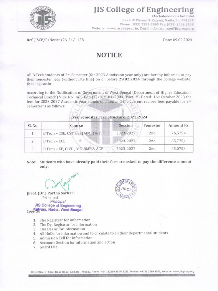 Notice For Tuition Fees (2nd Semester) 2023 Admission Batch | PDF