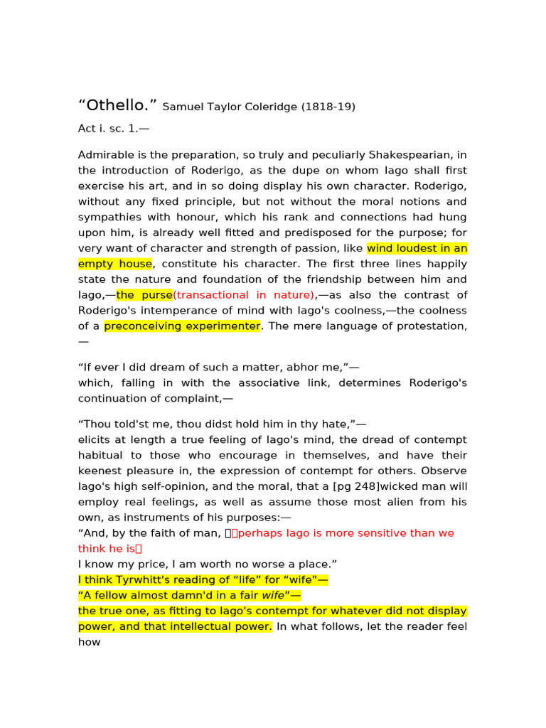Coleridge's Insights on Othello and Iago | PDF | Othello | Iago