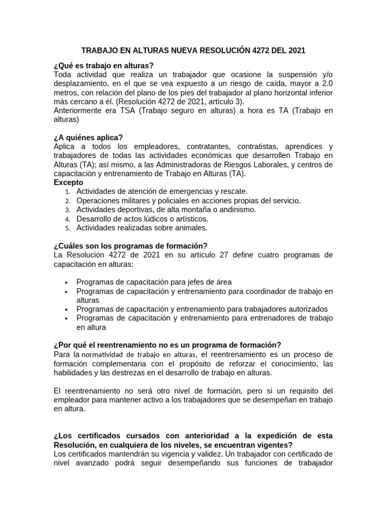 Trabajo en Alturas Nueva Resolución 4272 Del 2021 | PDF