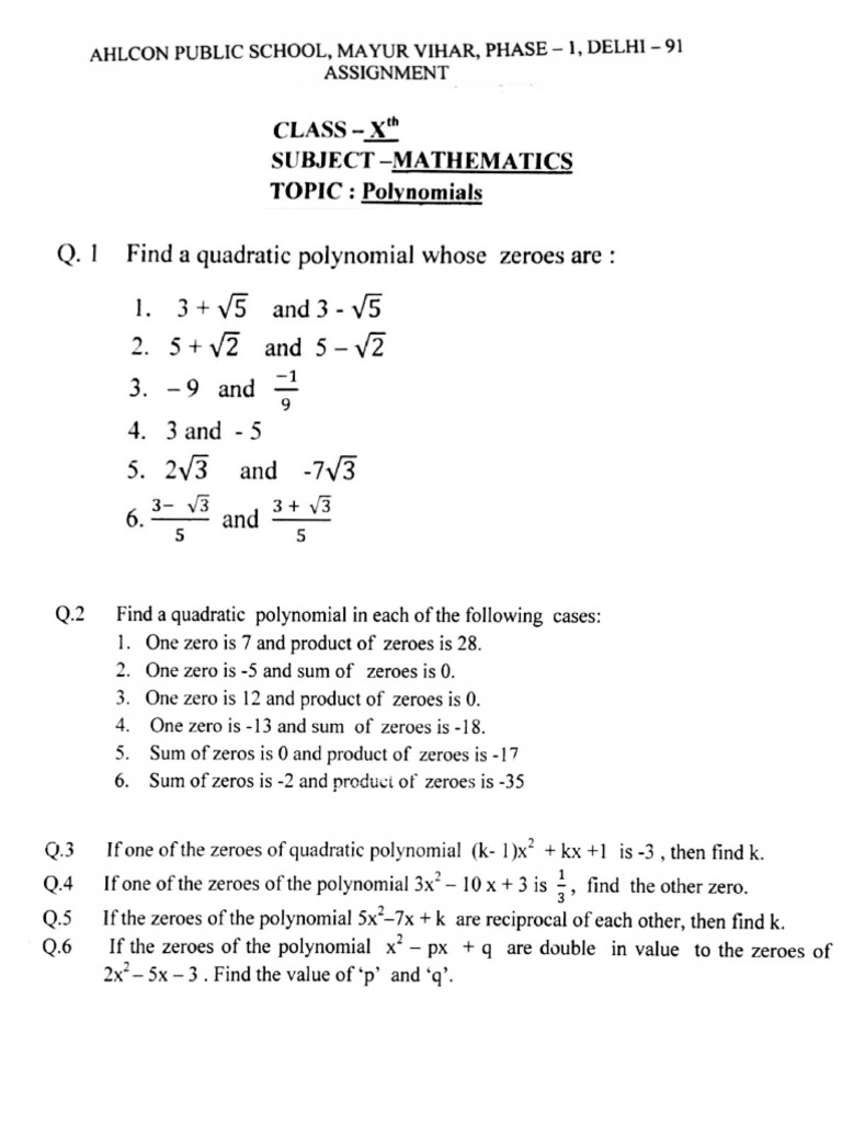 Class10 Polynomials Assignment | PDF