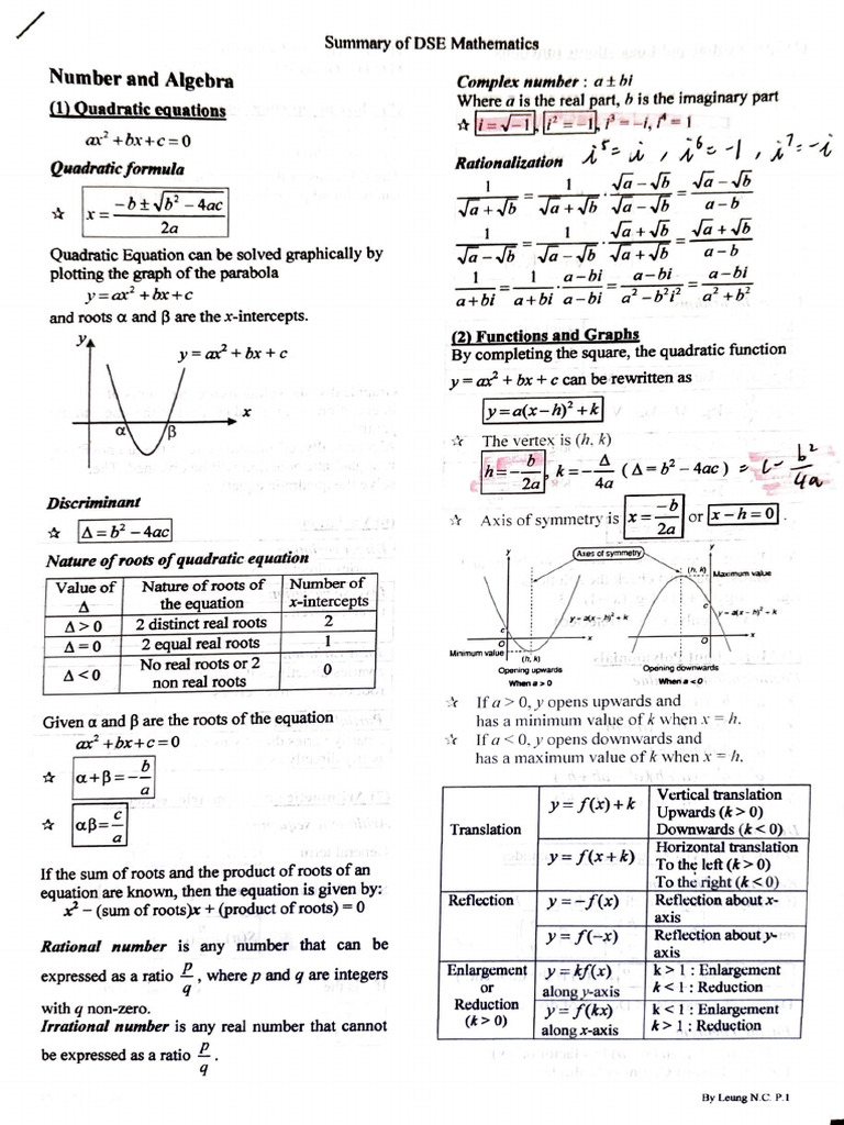 DSE Mathematics Summary: Key Concepts | PDF | Quadratic Equation ...