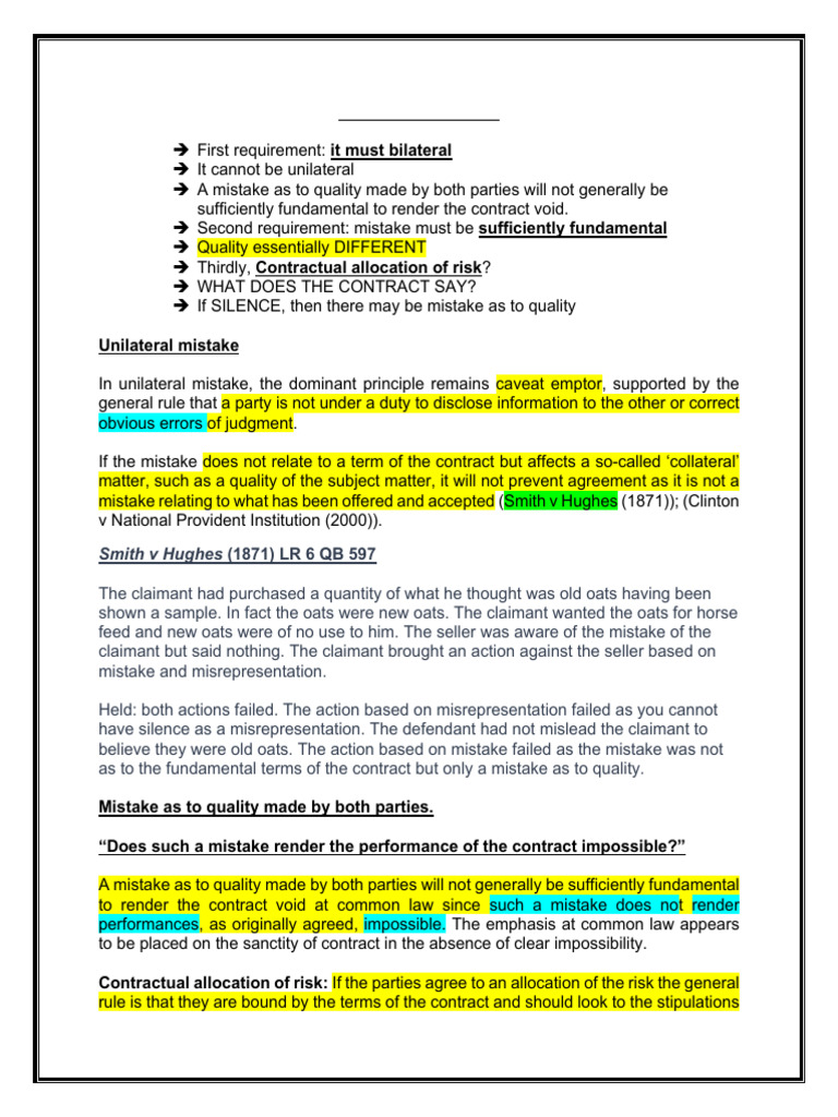 Mistake As To Quality 2023 | PDF | Equity (Law) | Consent