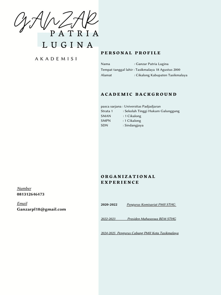 Profil Akademis Ganzar Patria Lugina | PDF