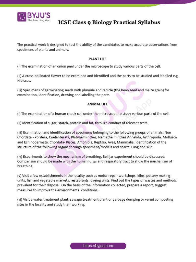 ICSE Class 9 Biology Practical Syllabus | PDF