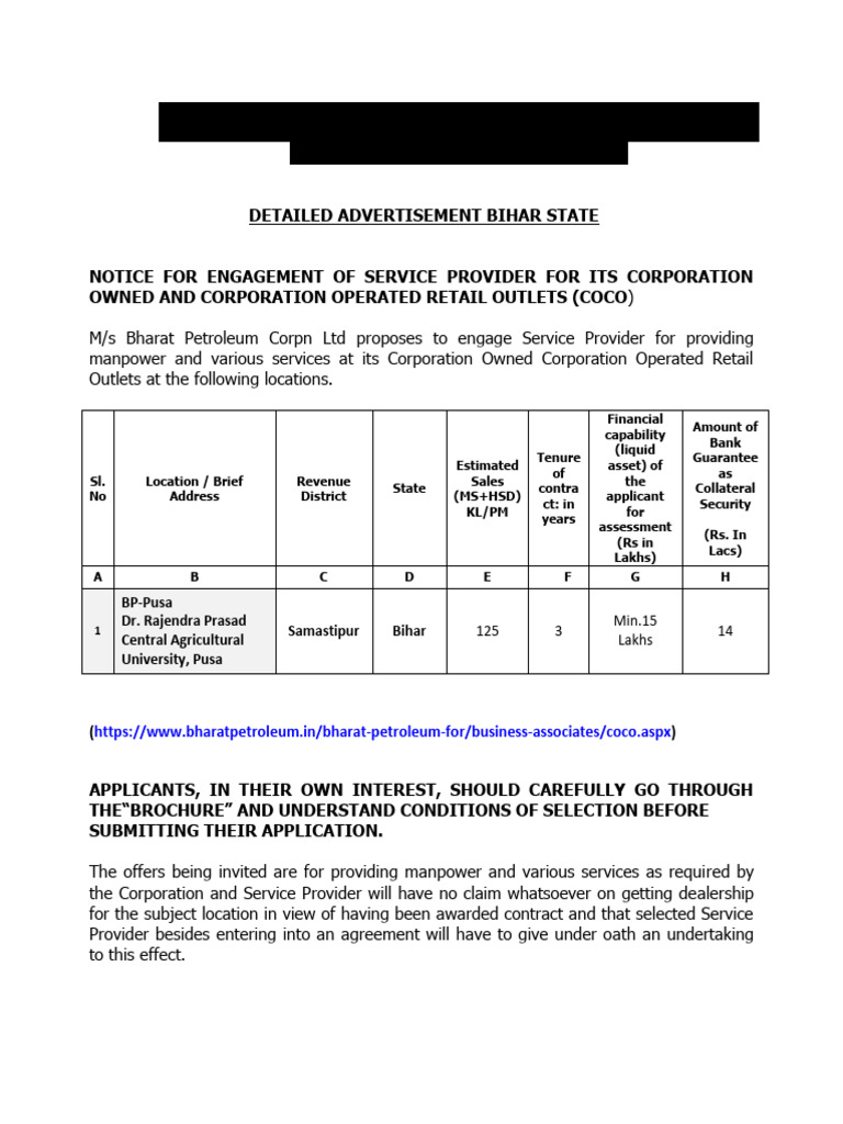 BPCL COCO Service Provider Notice Bihar | PDF