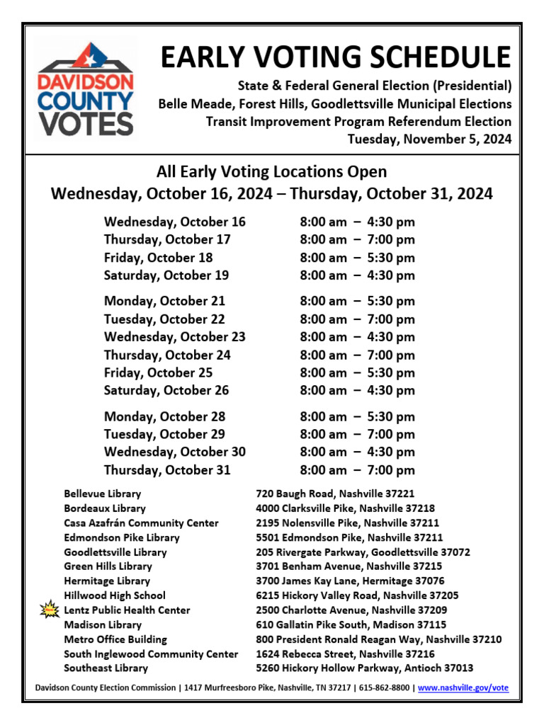 Early Voting Schedule for November 2024 | PDF | Nashville | Accountability