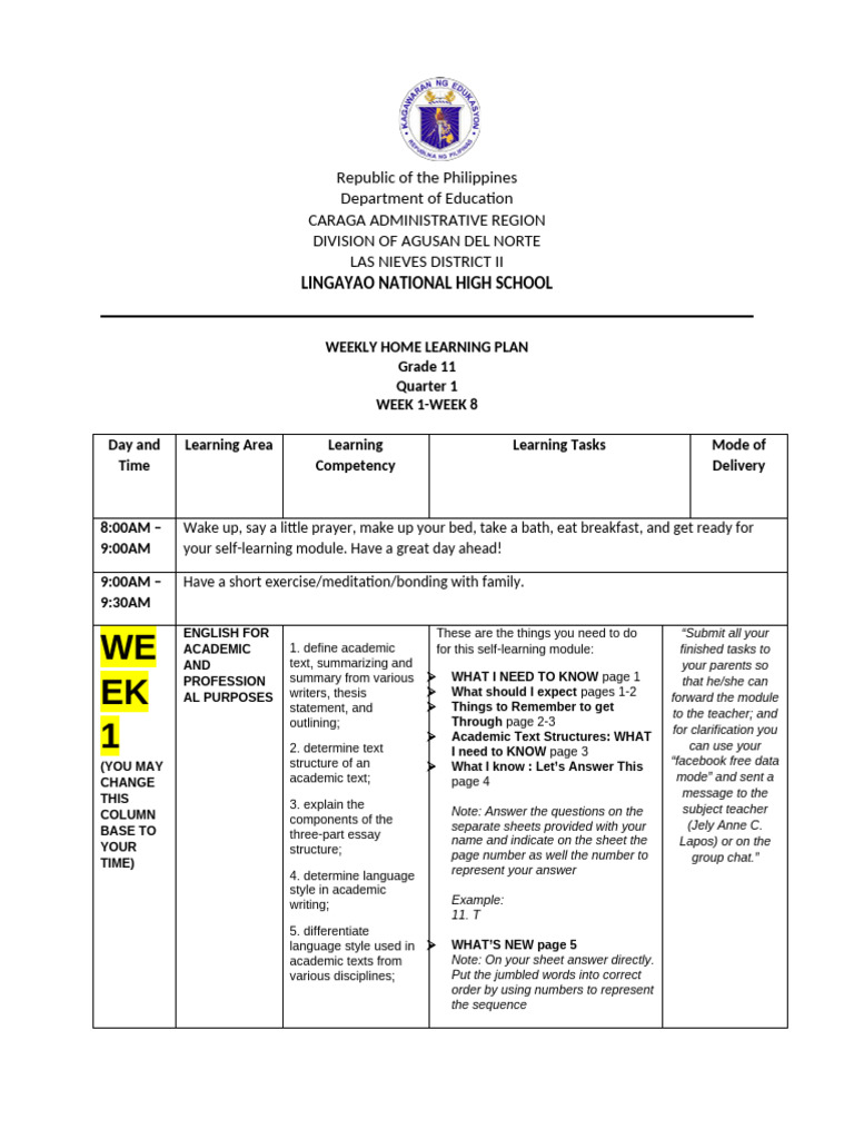Weekly Home Learning Plan for Grade 11 | PDF | Subject (Grammar) | Teachers
