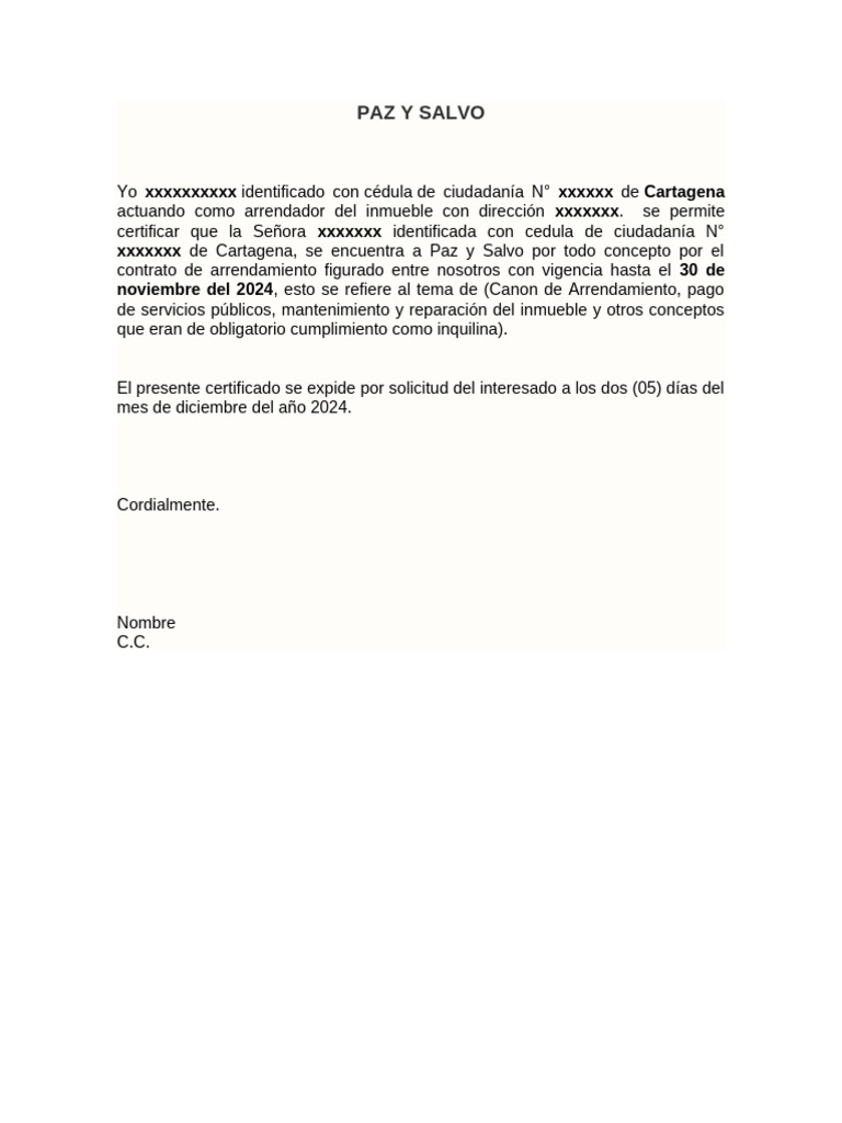 Certificado de Paz y Salvo Arrendamiento | PDF