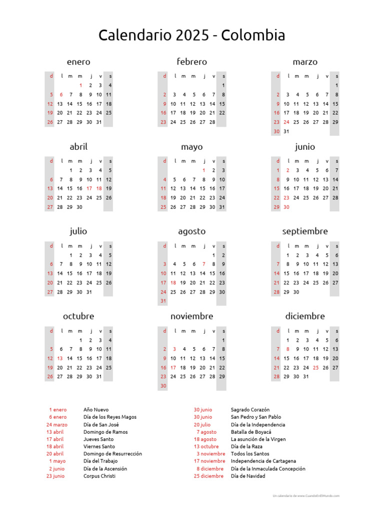 Calendario 2025 Colombia con Feriados | PDF | Fiestas cristianas y días ...