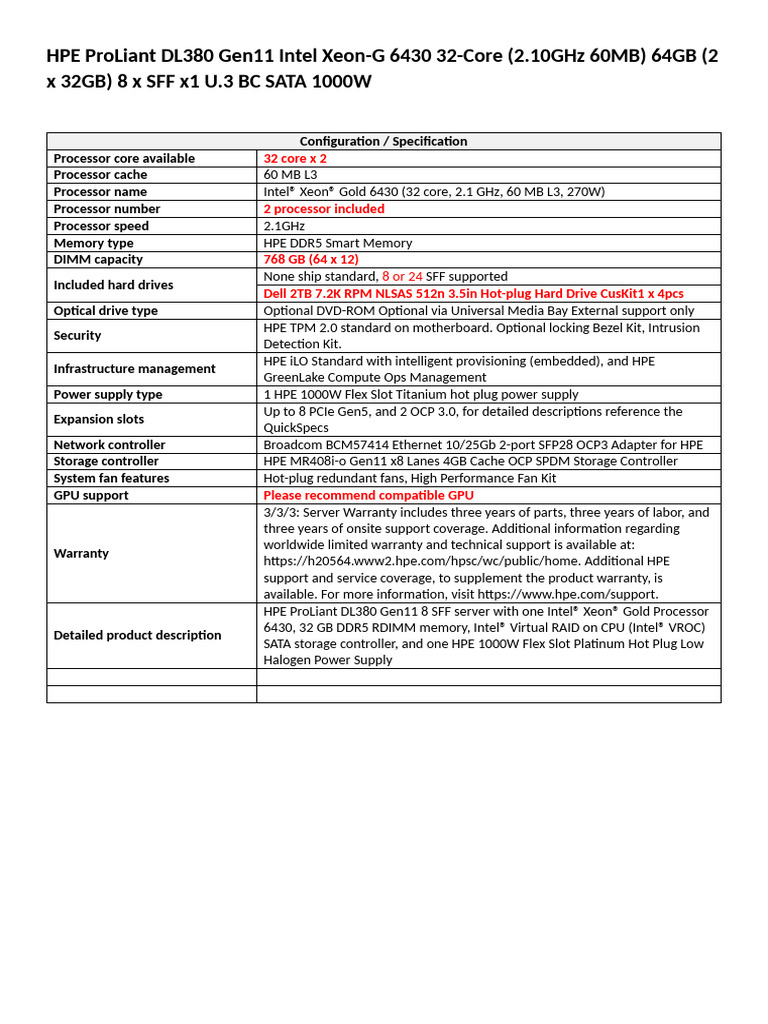 HPE ProLiant DL380 Gen11 Intel Xeon Gold | PDF | Central Processing ...