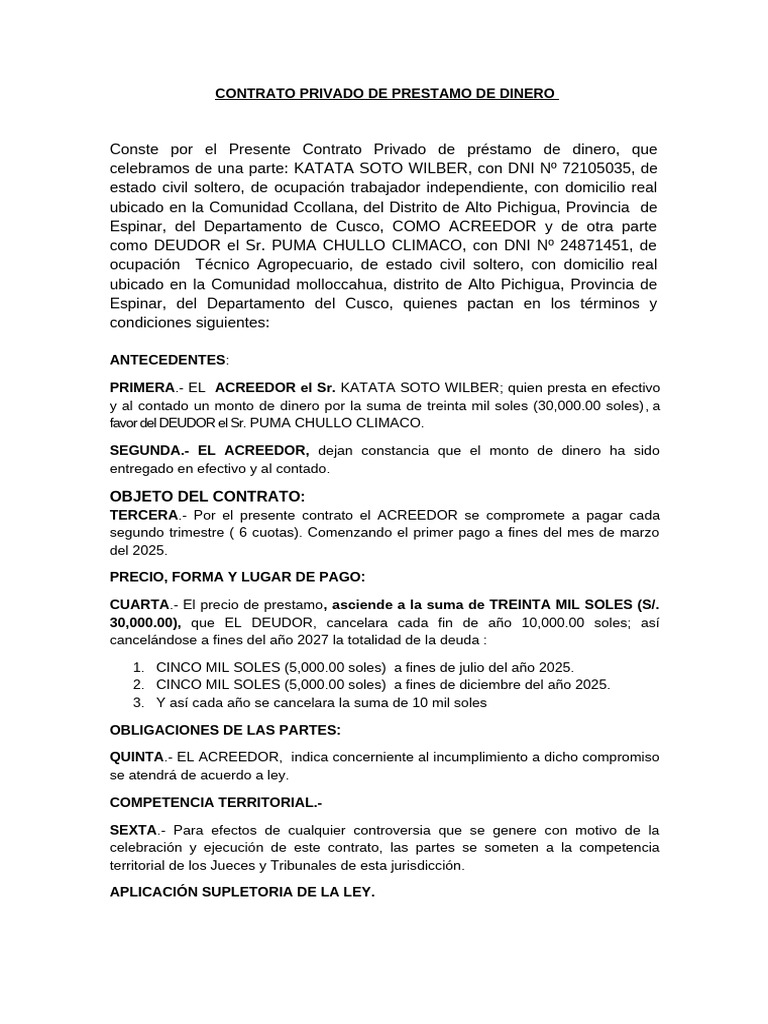 Contrato Privado de Prestamo de Dinero | PDF | Pagos | Justicia