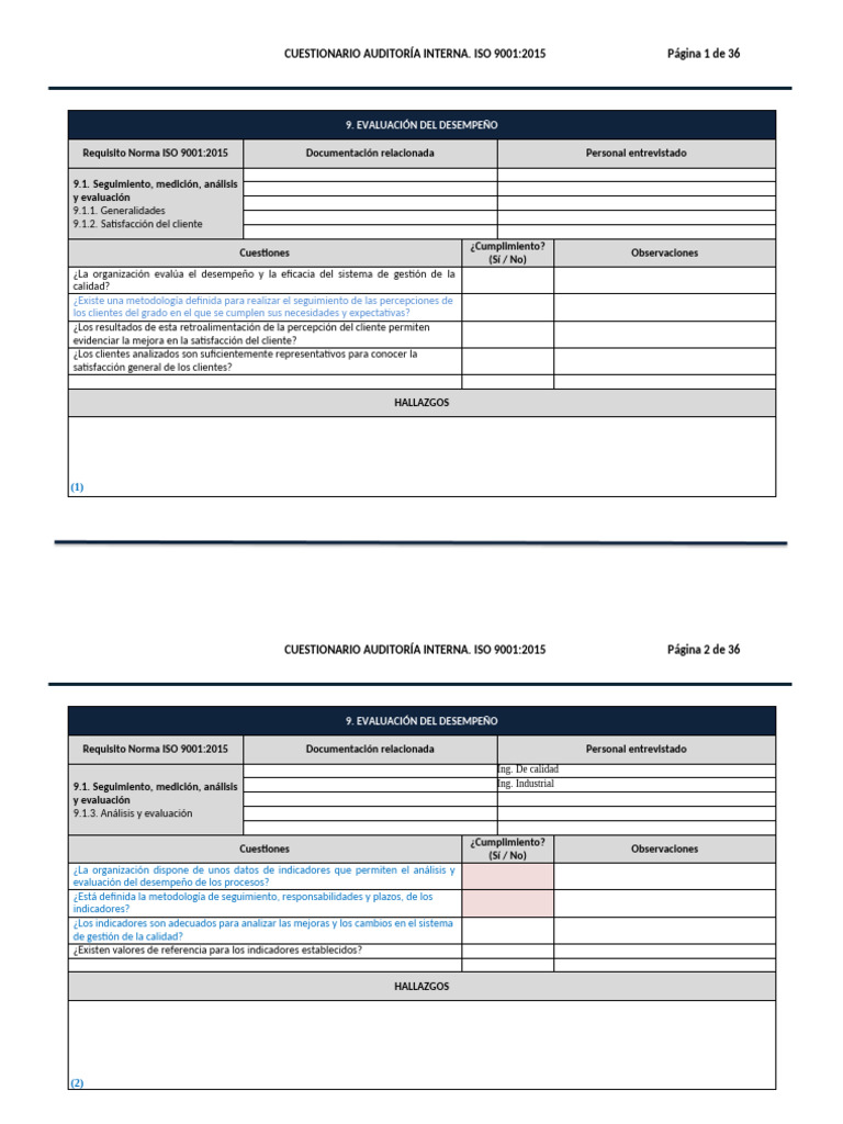 Checklist Auditoría Interna ISO 9001 | PDF | Calidad (comercial ...