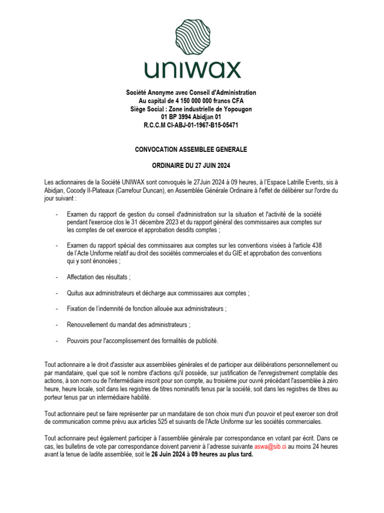 Convocation Assemblée Générale UNIWAX 2024 | PDF
