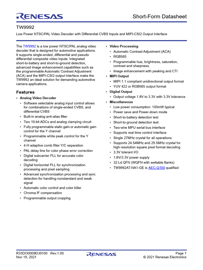TW9992 CVBS To MIPI Converter Chip | PDF | Reliability Engineering ...