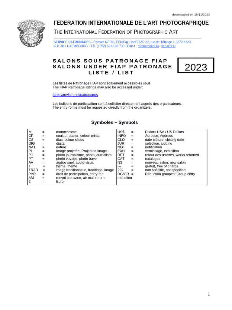 FIAP Patronage Salon Listings 2023 | PDF | Imaging