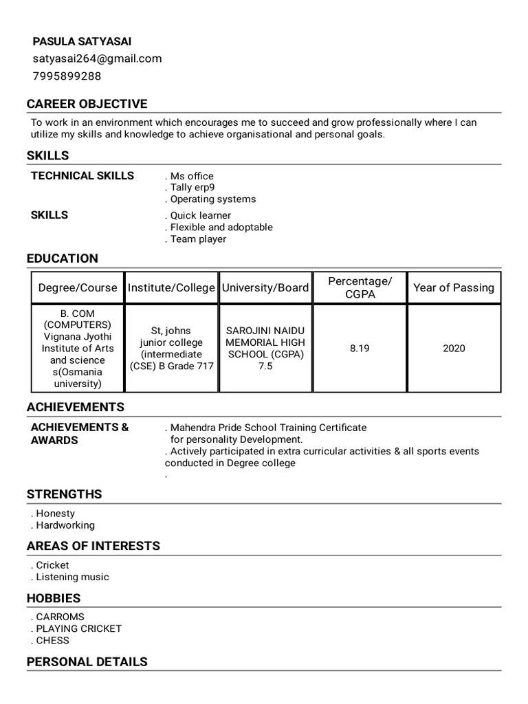 Resume of Pasula Satyasai | PDF