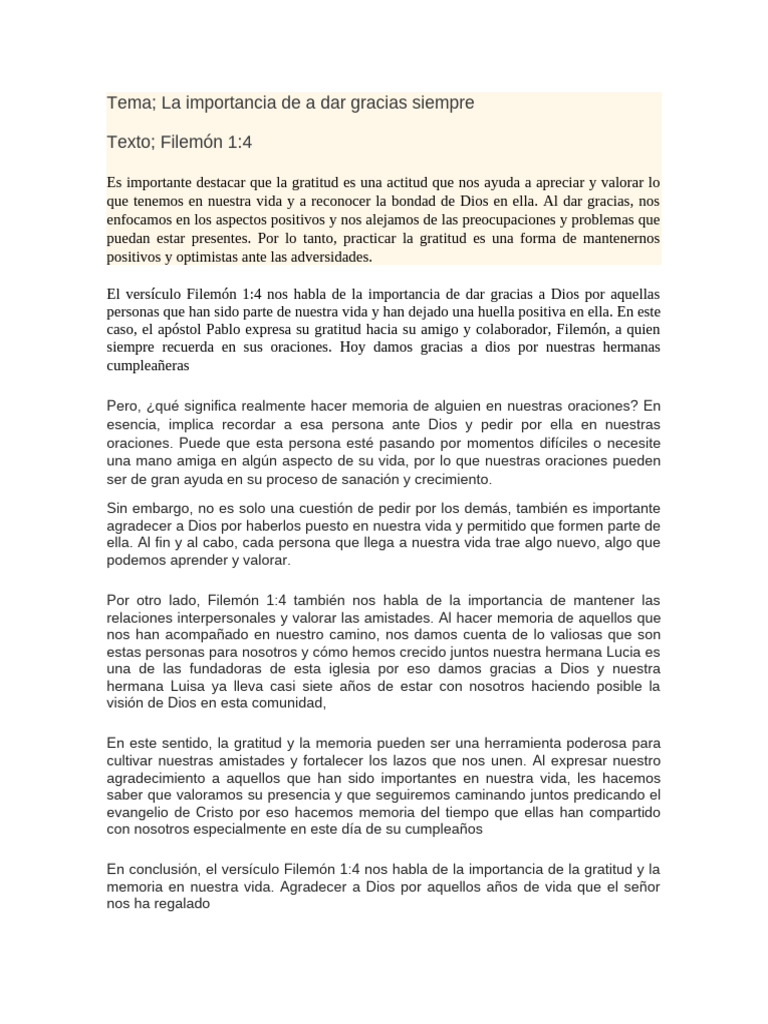 La Importancia de Dar Gracias | PDF | Gratitud | Epístola a Filemón