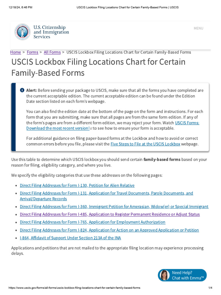 USCIS Lockbox Filing Locations Chart for Certain Family-Based Forms ...