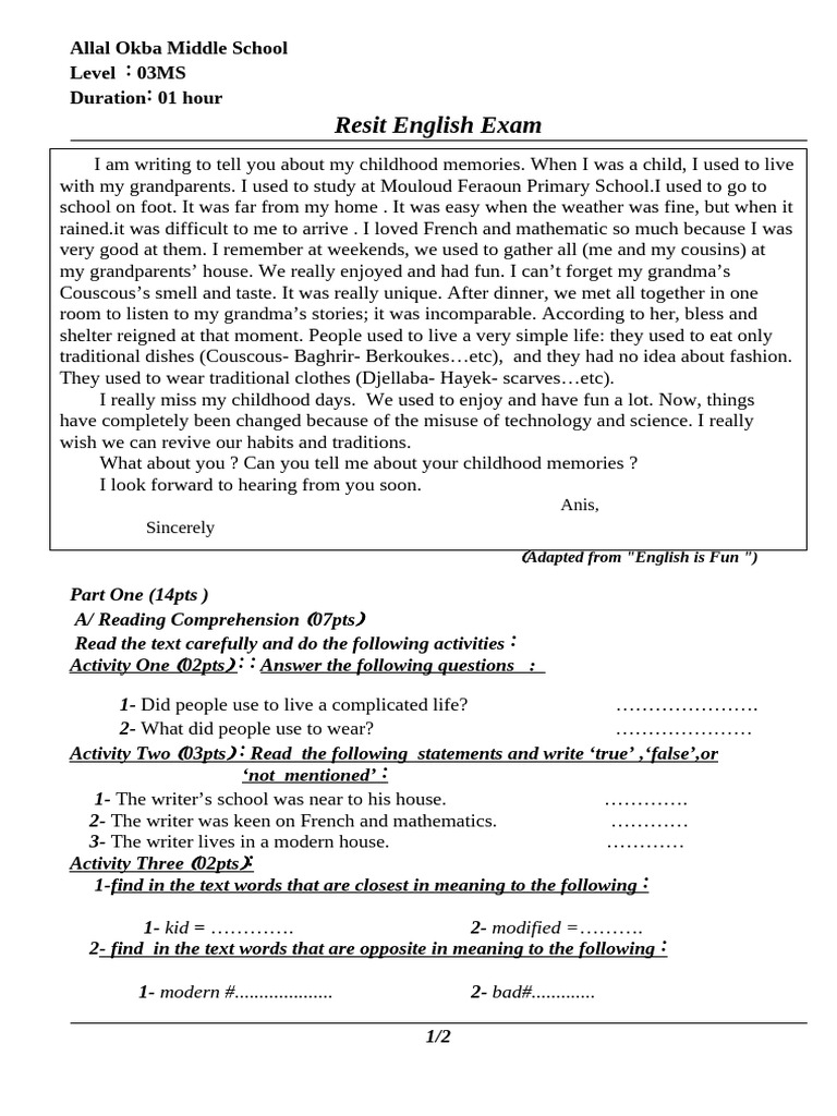 Resit English Exam for Middle School | PDF | Word | Grammatical Tense