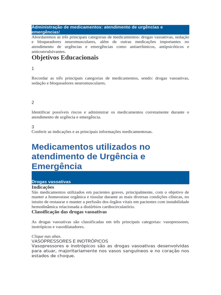 Administração de Medicamentos Urgência e Emergência | PDF | Dopamina ...