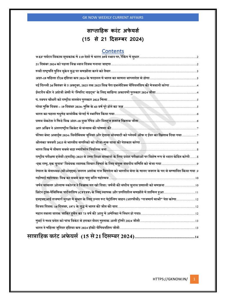Weekly 15 To 21 December Current Affairs Hindi | PDF