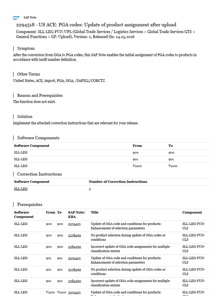 US ACE: PGA Codes: Update of Product Assignment After Upload | PDF ...