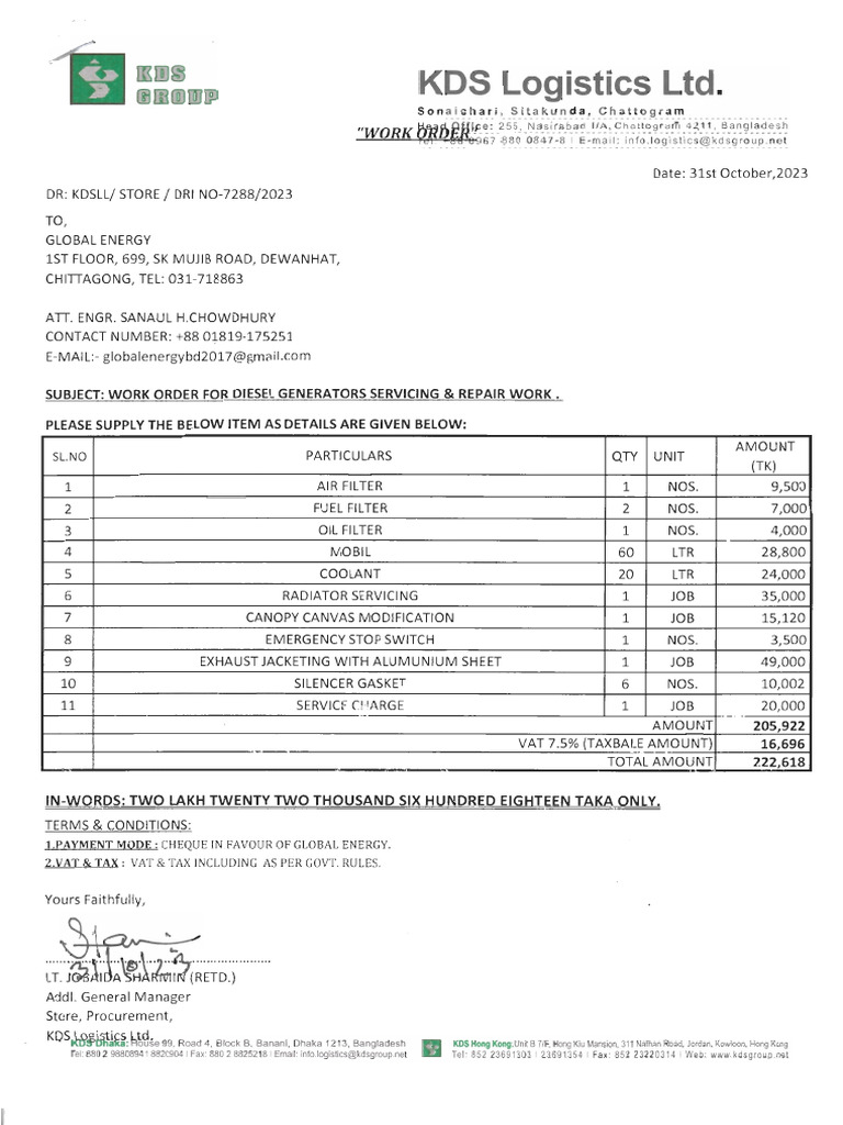 Work Order-Diesel Generators Servicing & Repair Work | PDF