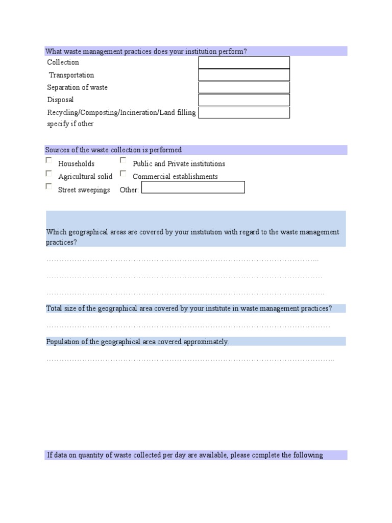 Waste Management Practicessample Questionnaire Waste Management
