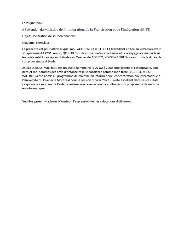 Déclaration de soutien financier au Québec | PDF