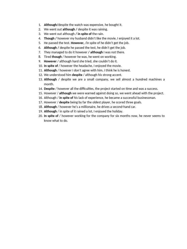 Although vs. Despite Exercises | PDF