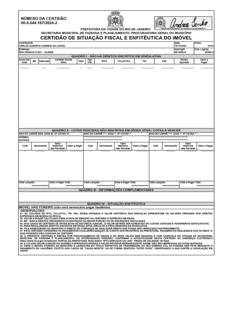 Certidão de Situação Fiscal e Enfitêutica | PDF