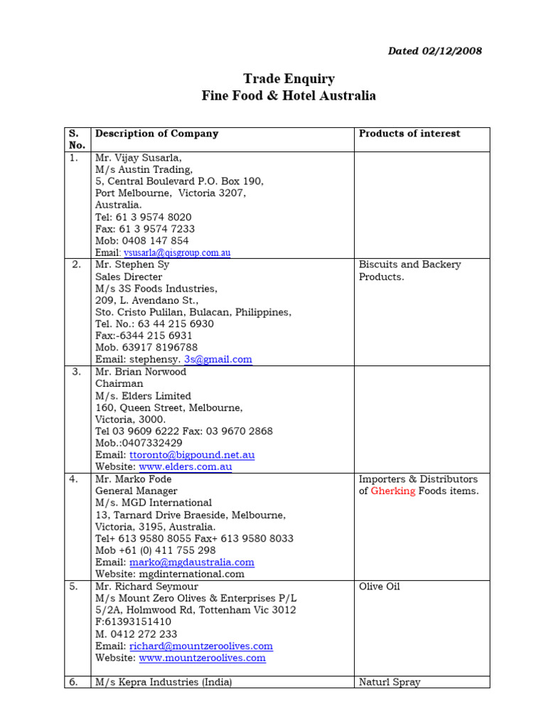 Trade Enquiry: Fine Food Imports | PDF | Foods | Food And Drink Preparation