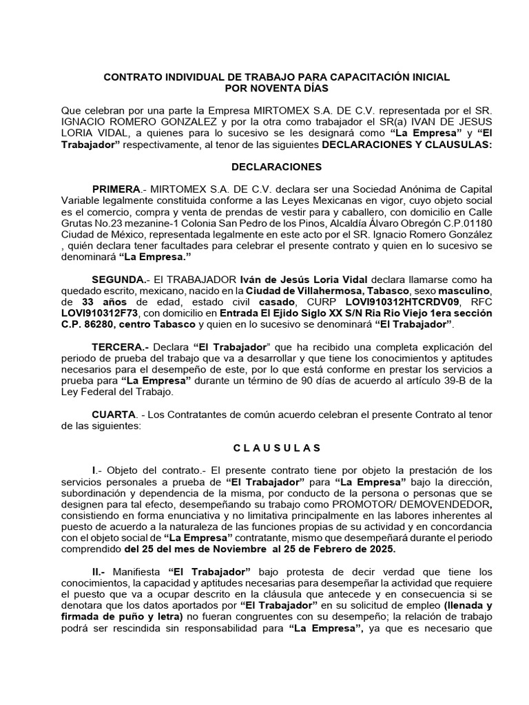 Contrato Prueba IVAN LORIA | PDF | Salario | Derecho laboral
