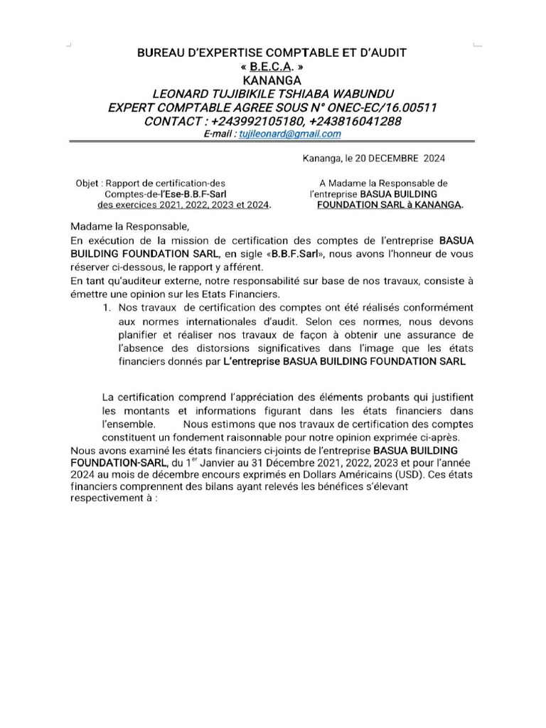 Etats Financiers Basua Building Foundation Sarl | PDF