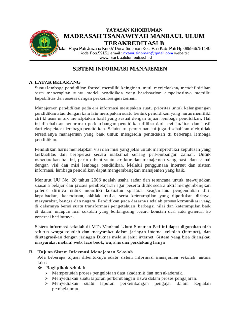 SISTEM INFORMASI MANAJEMEN MTs 2024 | PDF