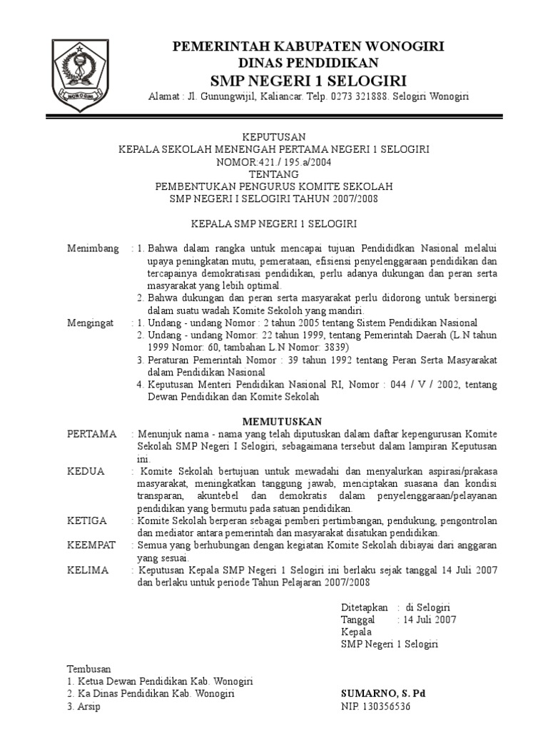 Contoh Sk Pengangkatan Kepala Tata Usaha Sekolah Smp