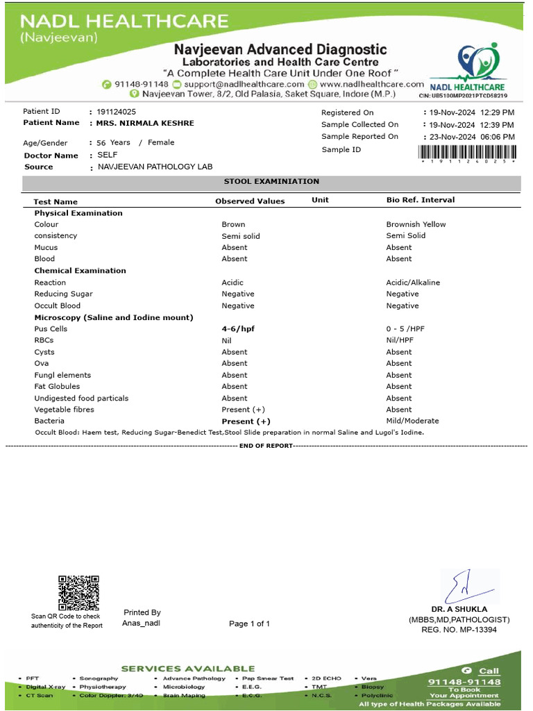 Stool Examination Report for Mrs. Keshre | PDF | Medical Specialties ...