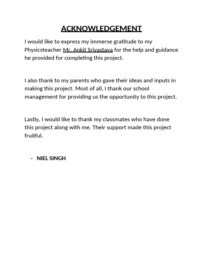 Project Acknowledgement by Niel Singh | PDF