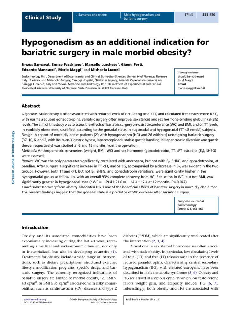 Hypogonadism and Bariatric Surgery in Men | PDF | Bariatric Surgery ...