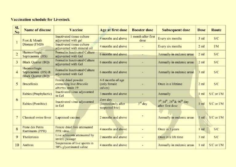 Vaccination Schedule For Livestock | PDF