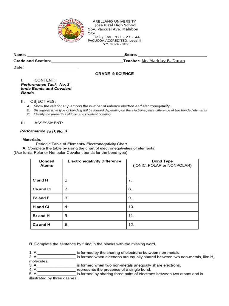 Performance Task No. 3 Copy 2 | PDF | Chemical Bond | Chemical Polarity