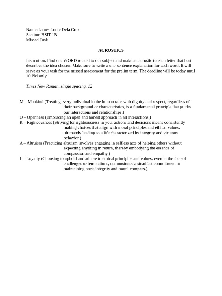 Acrostic Task on MORAL Values | PDF