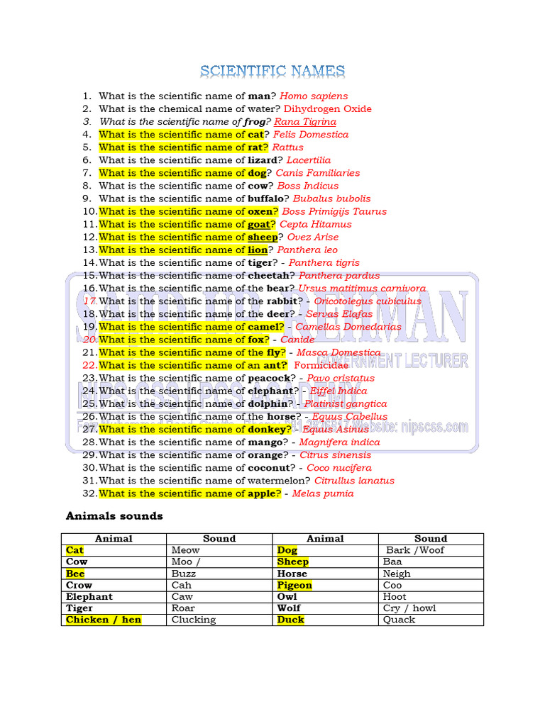 Scientific Names+ Animal's Sound | PDF