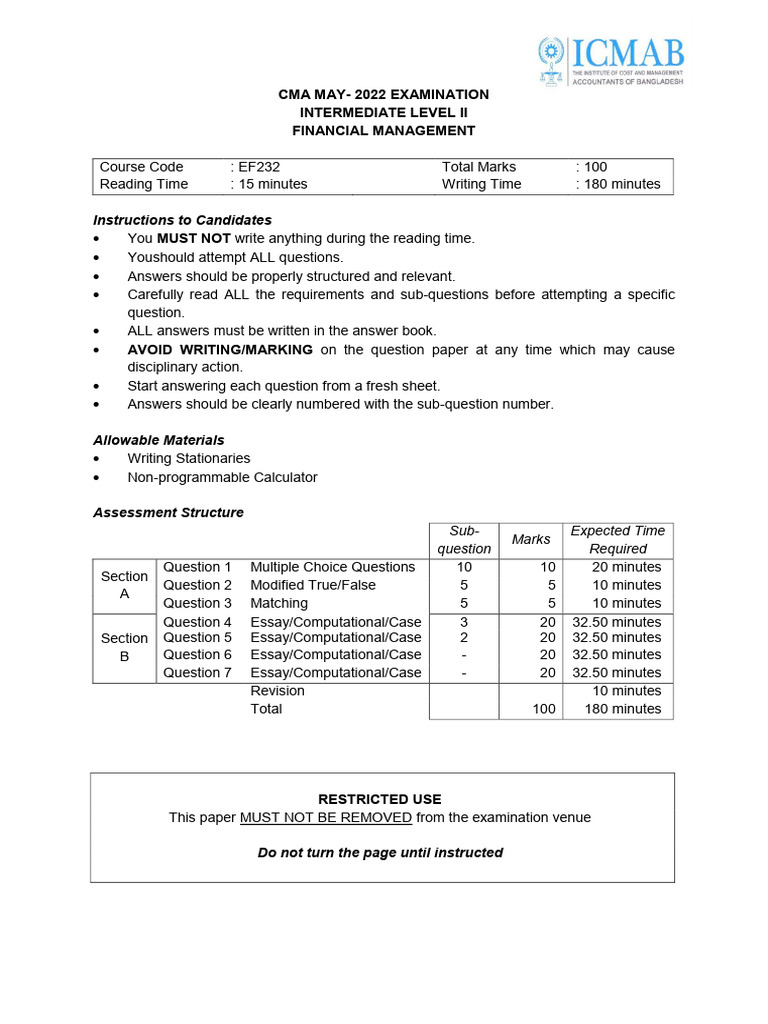 CMA May 2022 Financial Management Exam | PDF | Debt | Yield (Finance)