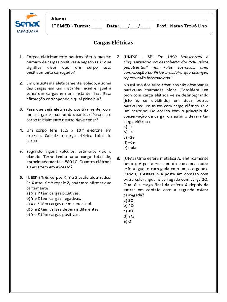 Atividade - Cargas Elétricas (1º EMED) | PDF | Carga elétrica | Elétron