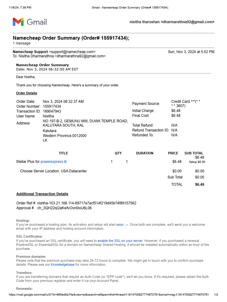 Namecheap Order Summary for Hosting | PDF | Gmail | Transport Layer ...