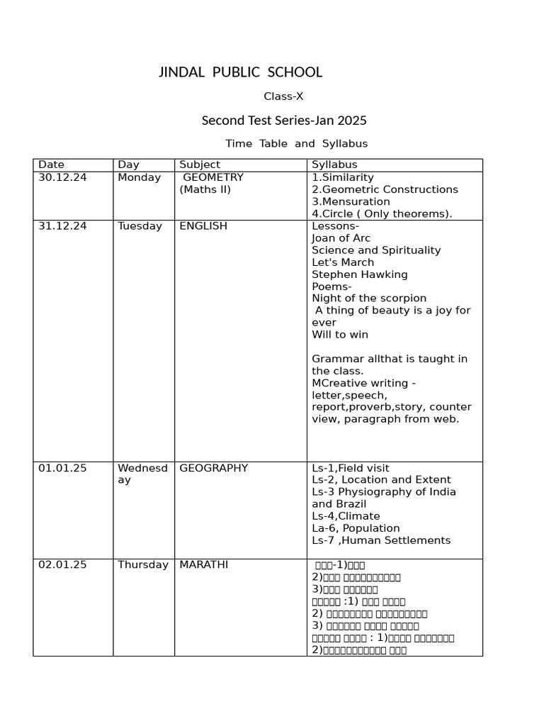 Class-X, 2nd Test Series Time Table & Syllabus, Jan 2025 | PDF