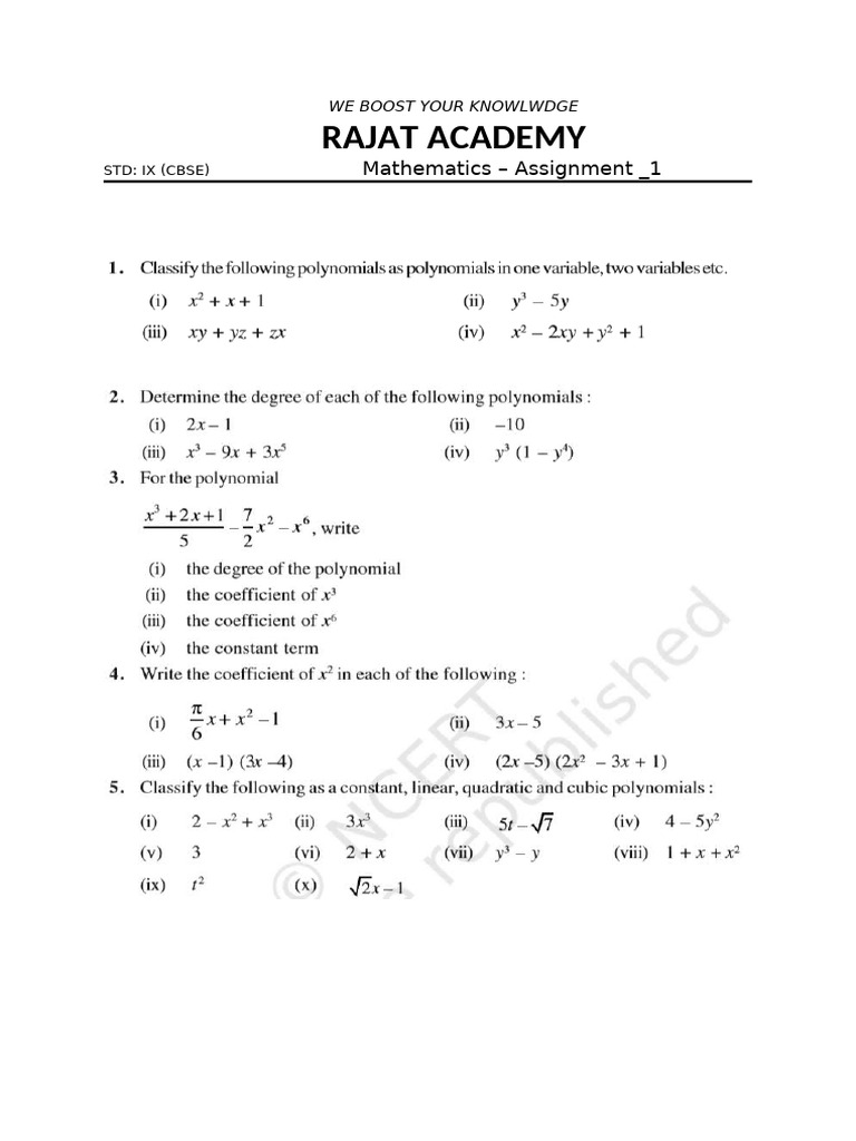 IX CBSE Math Assignment 1 Guide | PDF