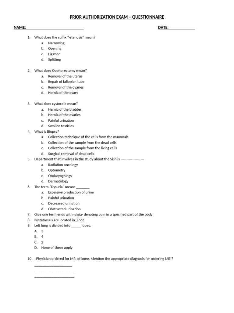 Prior Authorization Exam Questionnaire | PDF | Kidney | Endocrine System