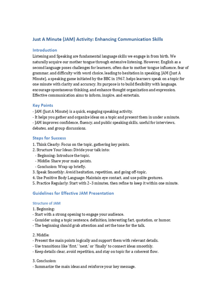 JAM Activity for Communication Skills | PDF | Communication | Body Language